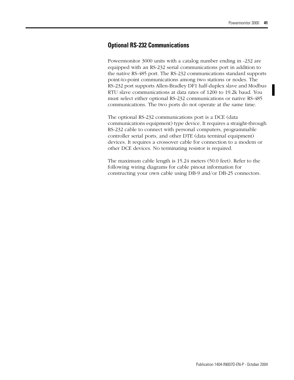 Optional rs-232 communications | Rockwell Automation 1404-M4_M5_M6_M8 Powermonitor 3000 Installation Instructions, PRIOR to Firmware rev. 3.0 User Manual | Page 41 / 66