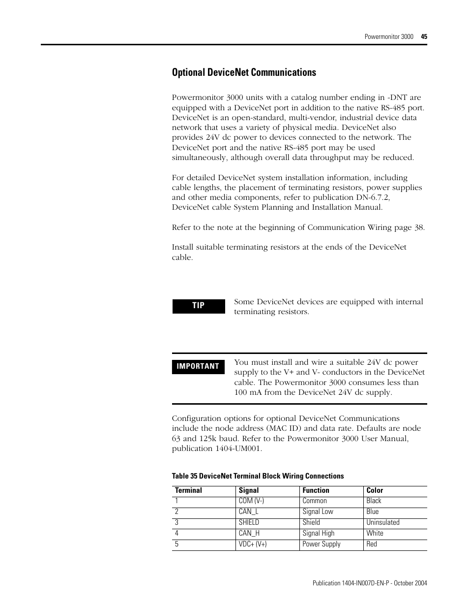 Optional devicenet communications | Rockwell Automation 1404-M4_M5_M6_M8 Powermonitor 3000 Installation Instructions, PRIOR to Firmware rev. 3.0 User Manual | Page 45 / 66
