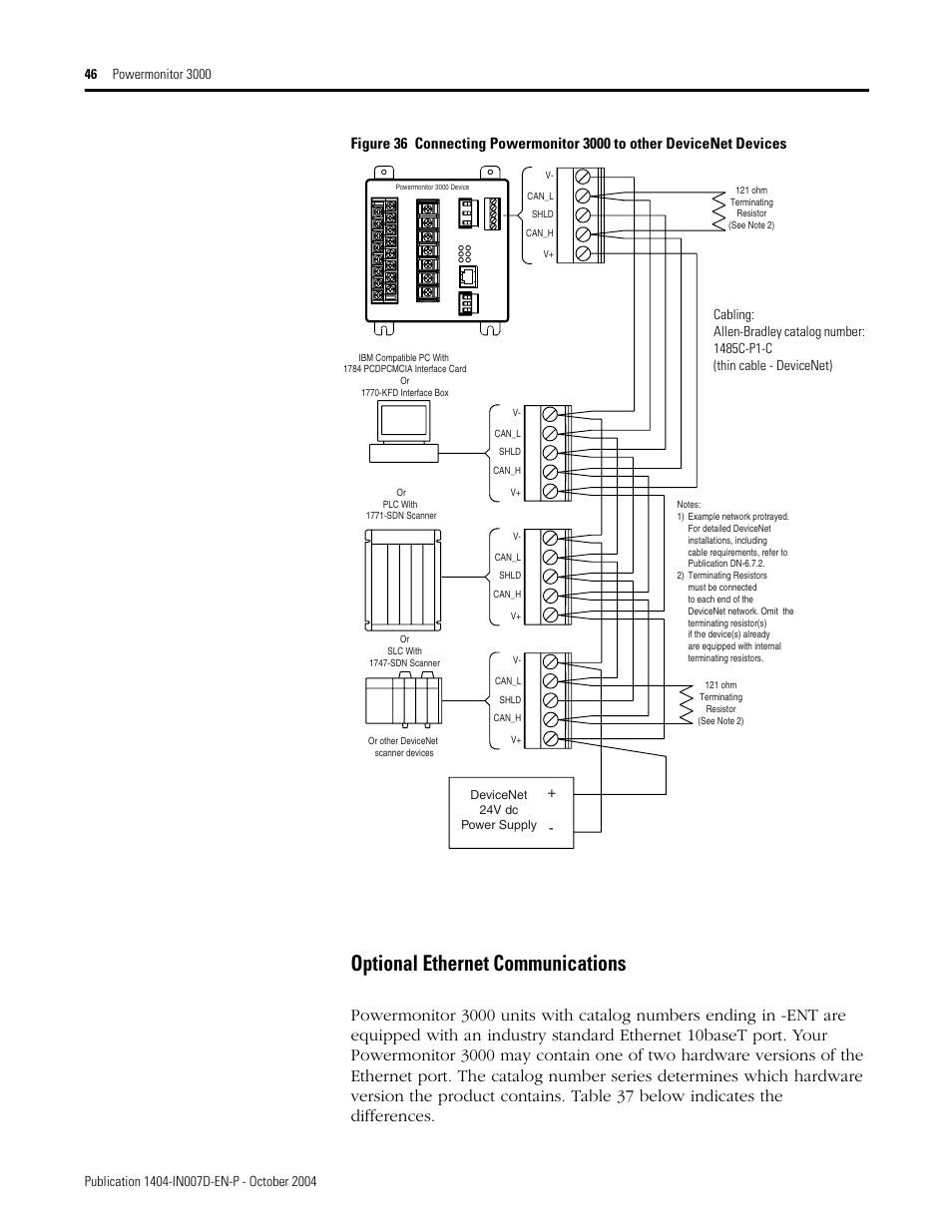 Optional ethernet communications | Rockwell Automation 1404-M4_M5_M6_M8 Powermonitor 3000 Installation Instructions, PRIOR to Firmware rev. 3.0 User Manual | Page 46 / 66