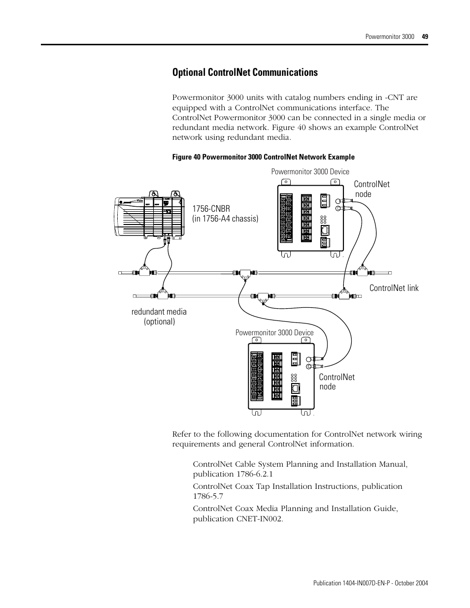 Optional controlnet communications | Rockwell Automation 1404-M4_M5_M6_M8 Powermonitor 3000 Installation Instructions, PRIOR to Firmware rev. 3.0 User Manual | Page 49 / 66