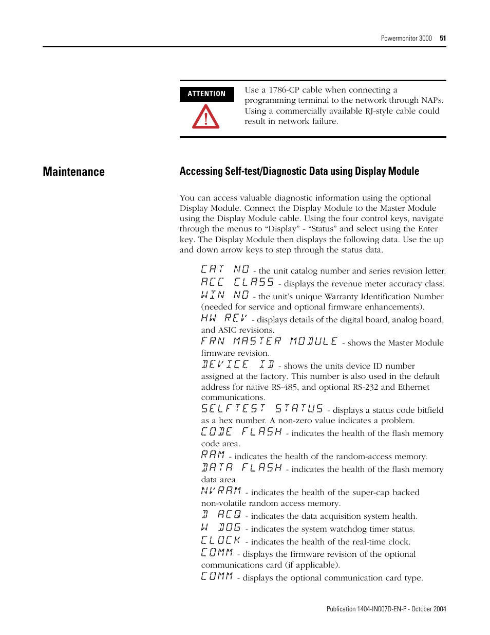 Maintenance | Rockwell Automation 1404-M4_M5_M6_M8 Powermonitor 3000 Installation Instructions, PRIOR to Firmware rev. 3.0 User Manual | Page 51 / 66