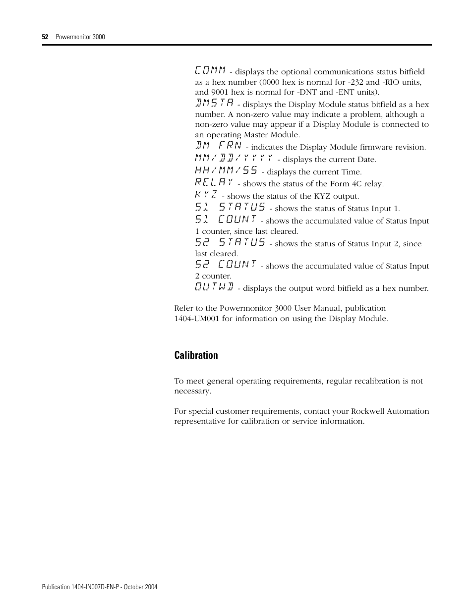Calibration | Rockwell Automation 1404-M4_M5_M6_M8 Powermonitor 3000 Installation Instructions, PRIOR to Firmware rev. 3.0 User Manual | Page 52 / 66