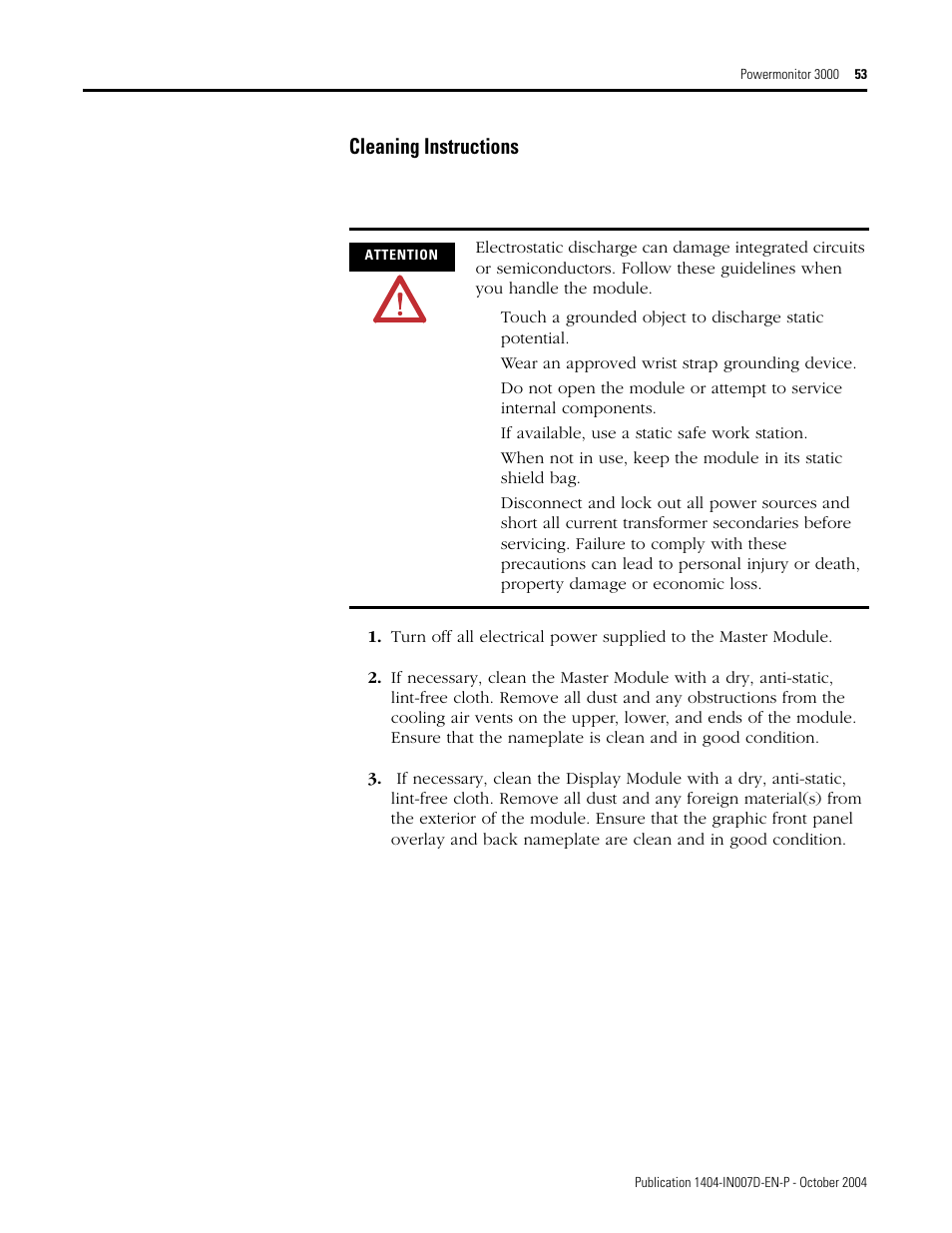 Cleaning instructions | Rockwell Automation 1404-M4_M5_M6_M8 Powermonitor 3000 Installation Instructions, PRIOR to Firmware rev. 3.0 User Manual | Page 53 / 66