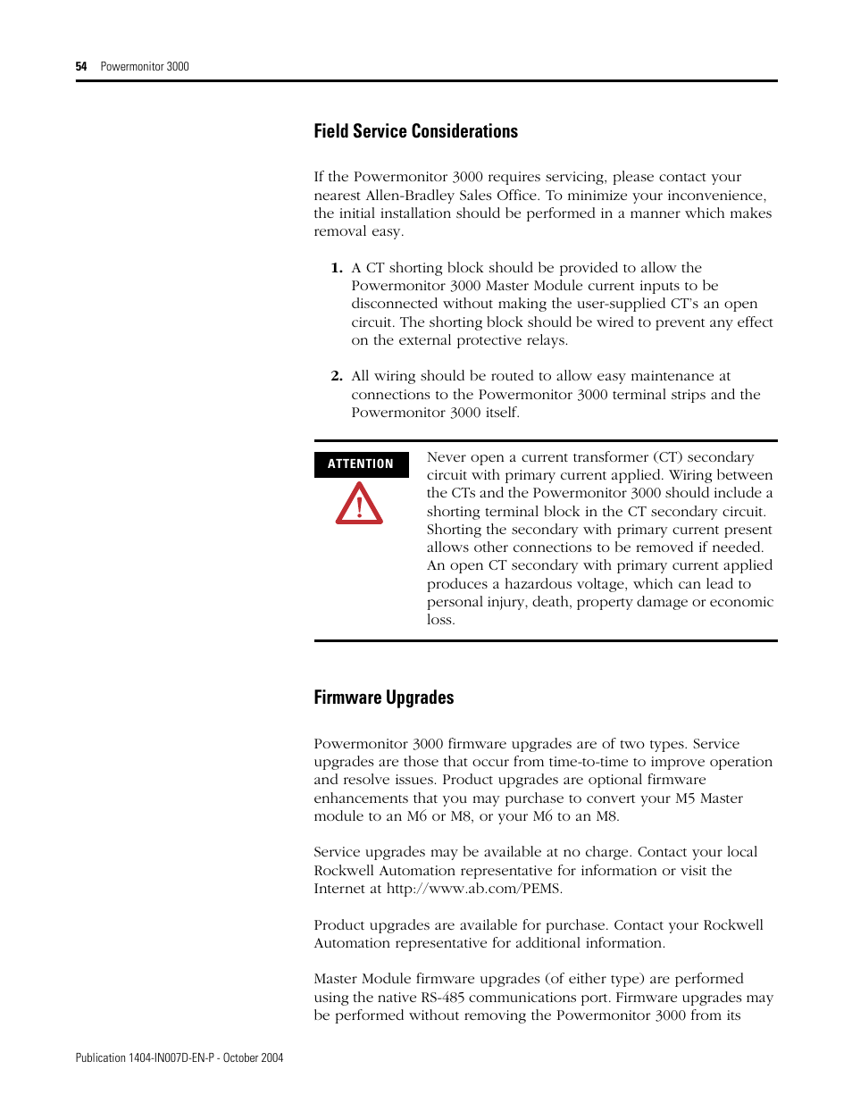 Field service considerations, Firmware upgrades | Rockwell Automation 1404-M4_M5_M6_M8 Powermonitor 3000 Installation Instructions, PRIOR to Firmware rev. 3.0 User Manual | Page 54 / 66