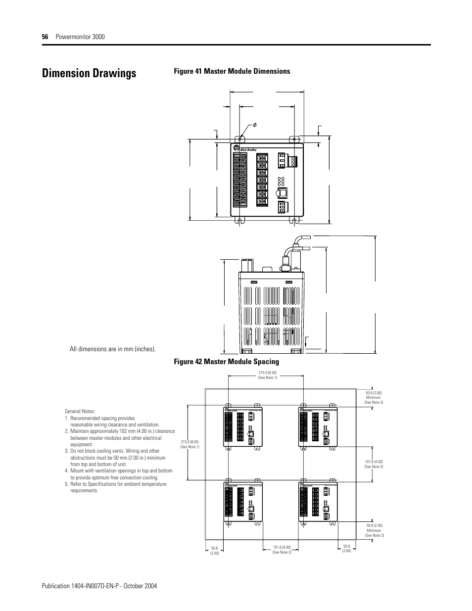 Dimension drawings, All dimensions are in mm (inches) | Rockwell Automation 1404-M4_M5_M6_M8 Powermonitor 3000 Installation Instructions, PRIOR to Firmware rev. 3.0 User Manual | Page 56 / 66