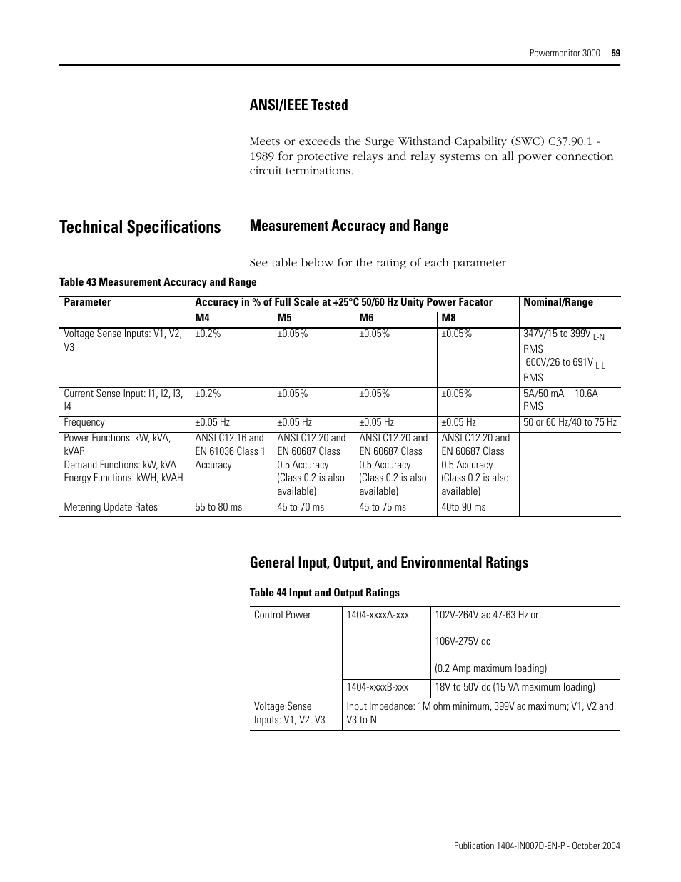 Technical specifications, Ansi/ieee tested, Measurement accuracy and range | General input, output, and environmental ratings | Rockwell Automation 1404-M4_M5_M6_M8 Powermonitor 3000 Installation Instructions, PRIOR to Firmware rev. 3.0 User Manual | Page 59 / 66