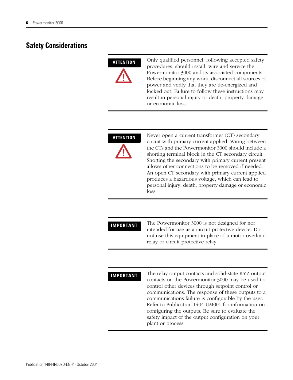 Safety considerations | Rockwell Automation 1404-M4_M5_M6_M8 Powermonitor 3000 Installation Instructions, PRIOR to Firmware rev. 3.0 User Manual | Page 6 / 66