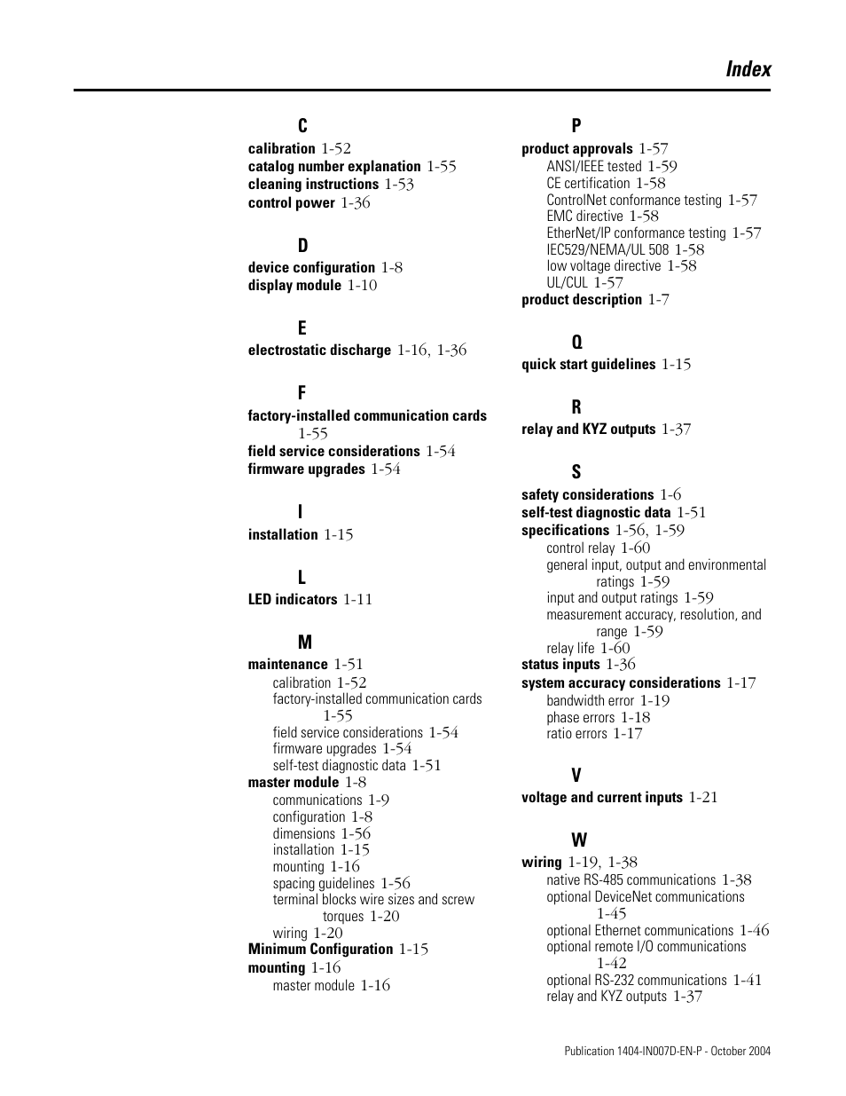 Index | Rockwell Automation 1404-M4_M5_M6_M8 Powermonitor 3000 Installation Instructions, PRIOR to Firmware rev. 3.0 User Manual | Page 63 / 66