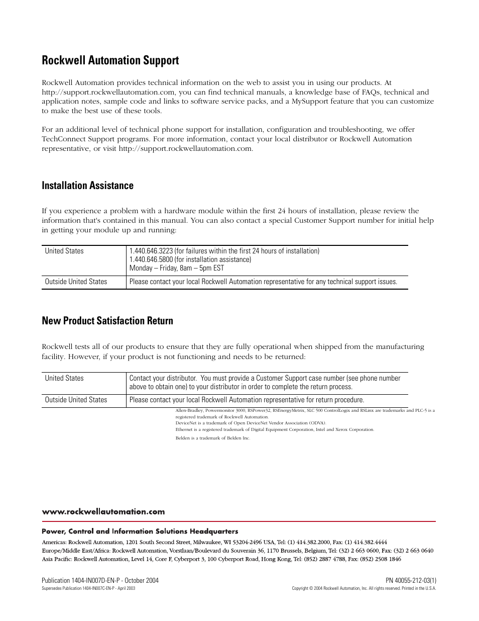 Back cover, Rockwell automation support, Installation assistance | New product satisfaction return | Rockwell Automation 1404-M4_M5_M6_M8 Powermonitor 3000 Installation Instructions, PRIOR to Firmware rev. 3.0 User Manual | Page 66 / 66