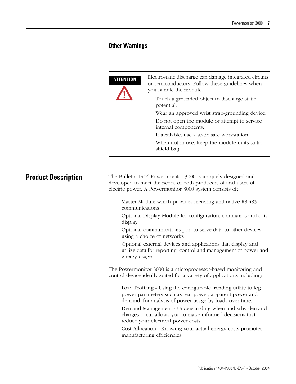 Product description, Other warnings | Rockwell Automation 1404-M4_M5_M6_M8 Powermonitor 3000 Installation Instructions, PRIOR to Firmware rev. 3.0 User Manual | Page 7 / 66