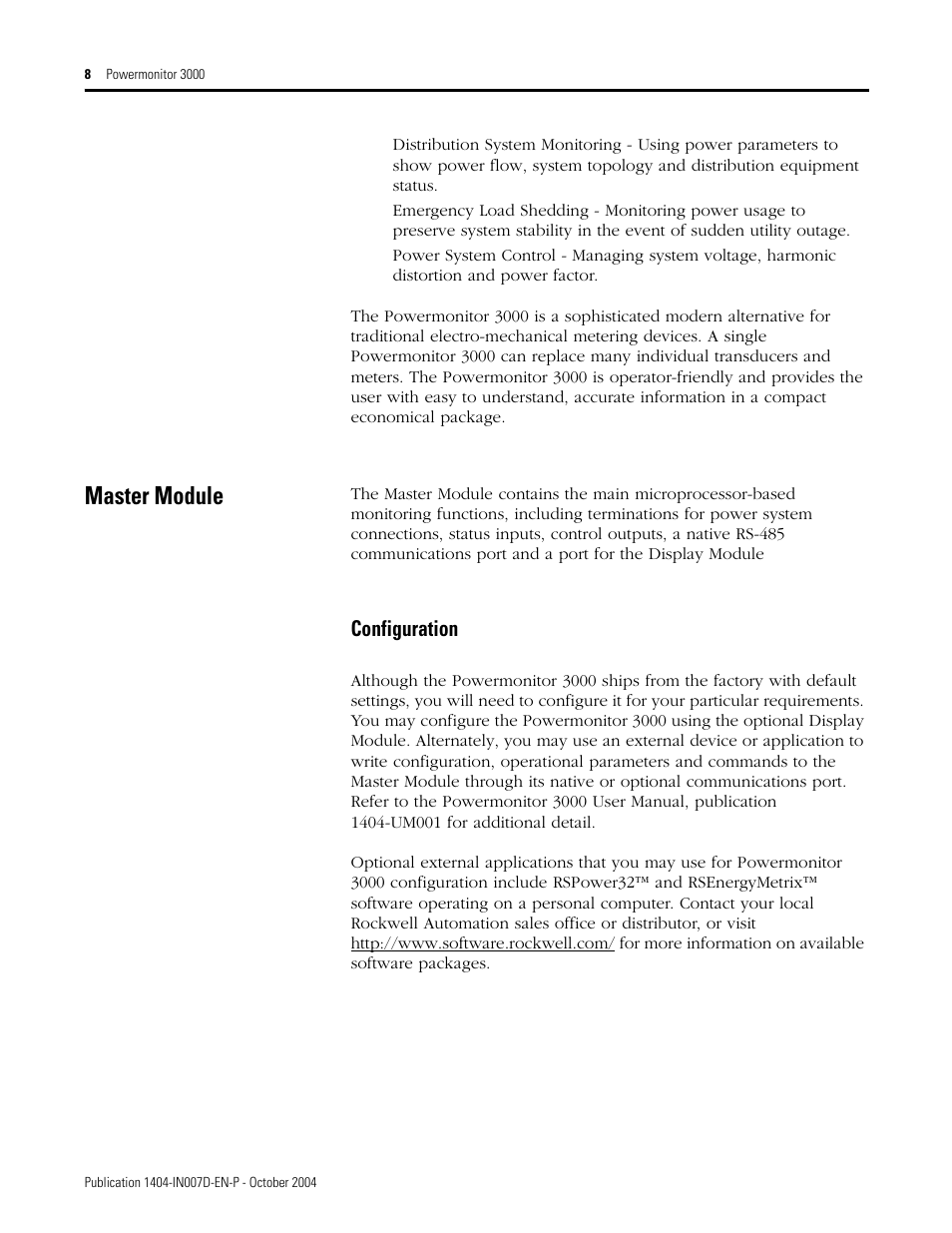 Master module, Configuration | Rockwell Automation 1404-M4_M5_M6_M8 Powermonitor 3000 Installation Instructions, PRIOR to Firmware rev. 3.0 User Manual | Page 8 / 66