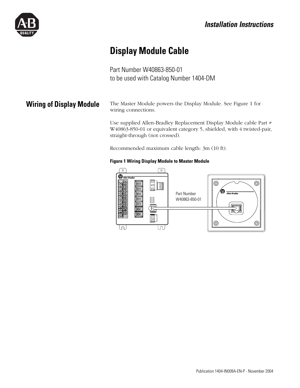 Rockwell Automation 1404-DM, W40863-850-01 Display Module Cable Installation Instructions User Manual | 2 pages