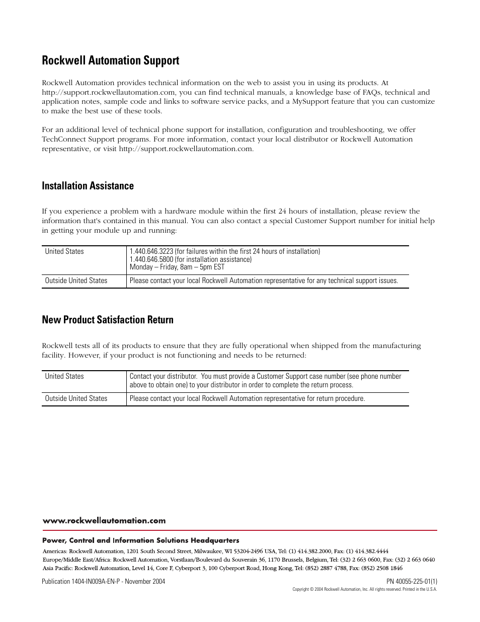 Back cover, Rockwell automation support, Installation assistance | New product satisfaction return | Rockwell Automation 1404-DM, W40863-850-01 Display Module Cable Installation Instructions User Manual | Page 2 / 2