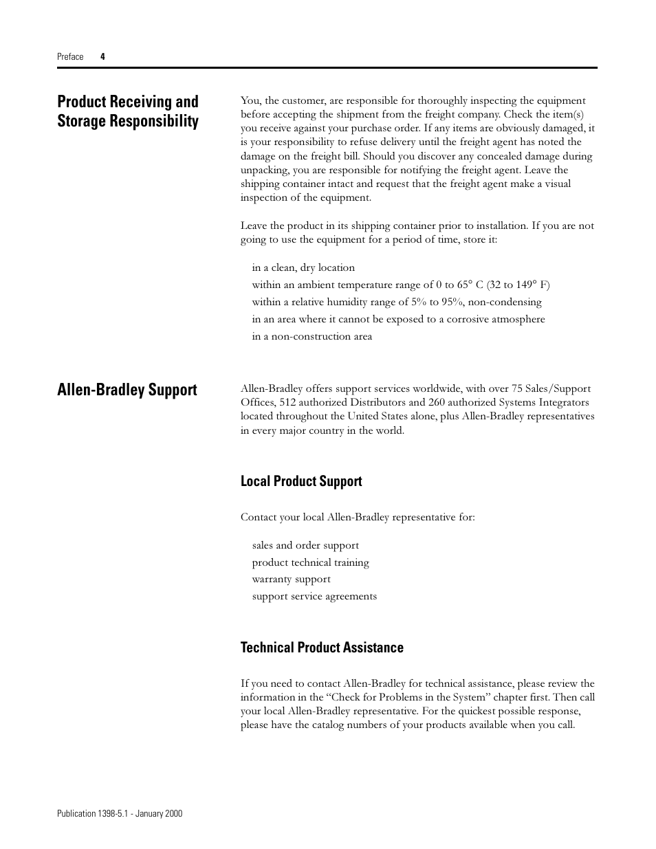 Product receiving and storage responsibility, Allen-bradley support, Local product support | Technical product assistance | Rockwell Automation 1398-PDM-xxx ULTRA Plus Series Positioning Drive Module User Manual | Page 10 / 156