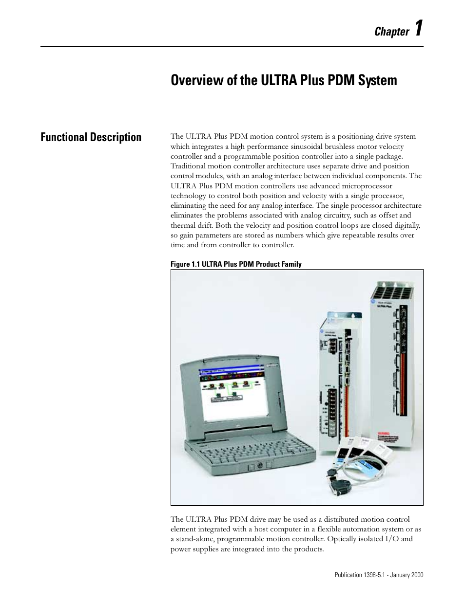 Overview of the ultra plus pdm system, Functional description, Chapter 1 | Xqfwlrqdo 'hvfulswlrq, Chapter | Rockwell Automation 1398-PDM-xxx ULTRA Plus Series Positioning Drive Module User Manual | Page 11 / 156