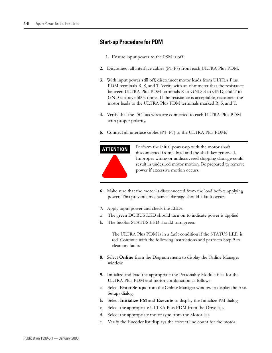 Startup procedure for pdm, 6wduwxs 3urfhgxuh iru 3'0 | Rockwell Automation 1398-PDM-xxx ULTRA Plus Series Positioning Drive Module User Manual | Page 122 / 156