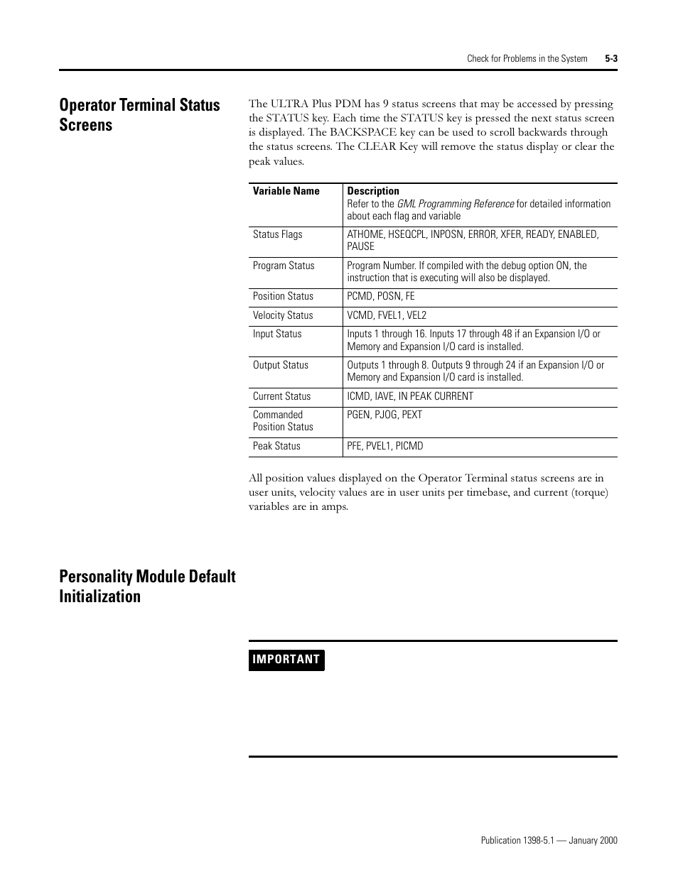 Operator terminal status screens, Personality module default initialization, 2shudwru 7huplqdo 6wdwxv 6fuhhqv | 3huvrqdolw\ 0rgxoh 'hidxow ,qlwldol]dwlrq | Rockwell Automation 1398-PDM-xxx ULTRA Plus Series Positioning Drive Module User Manual | Page 131 / 156