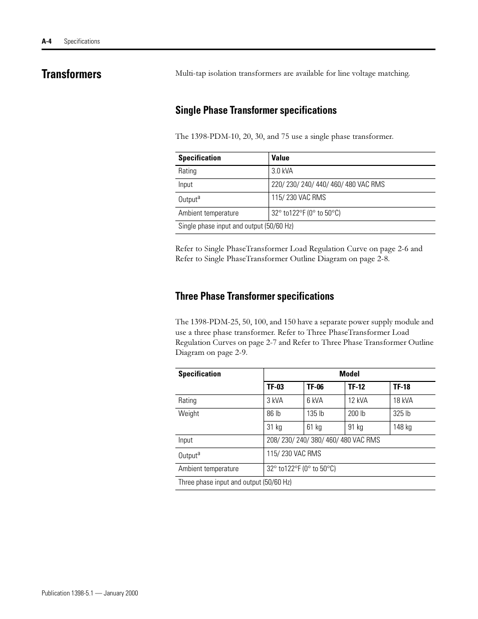Transformers, Single phase transformer specifications, Three phase transformer specifications | 7udqviruphuv, 6lqjoh 3kdvh 7udqviruphu vshflilfdwlrqv, 7kuhh 3kdvh 7udqviruphu vshflilfdwlrqv | Rockwell Automation 1398-PDM-xxx ULTRA Plus Series Positioning Drive Module User Manual | Page 140 / 156