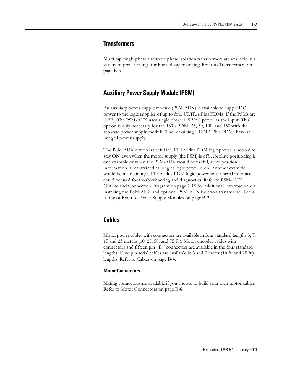 Transformers, Auxiliary power supply module (psm), Cables | 7udqviruphuv, X[loldu\ 3rzhu 6xsso\ 0rgxoh 360, Deohv | Rockwell Automation 1398-PDM-xxx ULTRA Plus Series Positioning Drive Module User Manual | Page 17 / 156