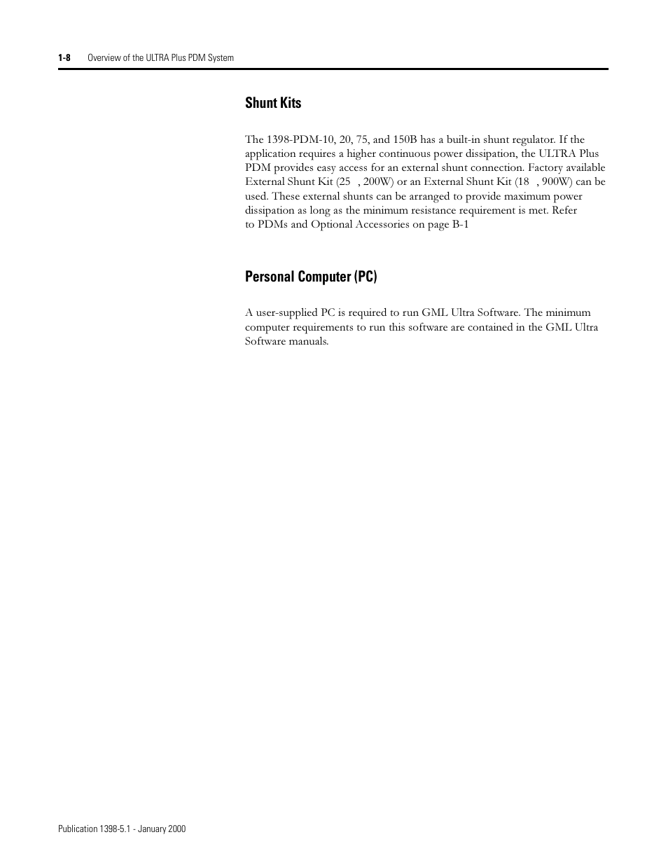 Shunt kits, Personal computer (pc), 6kxqw .lwv | 3huvrqdo &rpsxwhu 3 | Rockwell Automation 1398-PDM-xxx ULTRA Plus Series Positioning Drive Module User Manual | Page 18 / 156