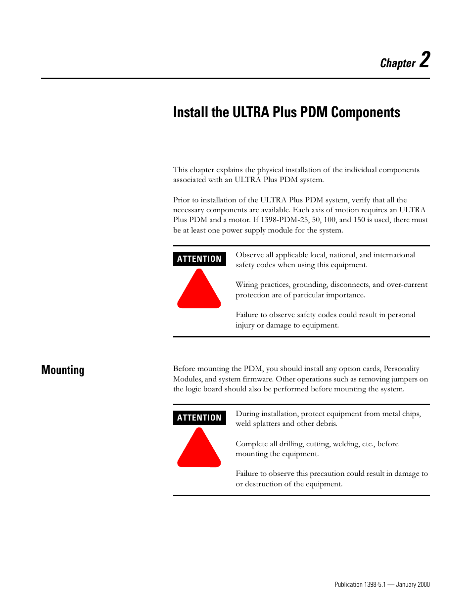 Install the ultra plus pdm components, Mounting, Chapter 2 | 0rxqwlqj | Rockwell Automation 1398-PDM-xxx ULTRA Plus Series Positioning Drive Module User Manual | Page 19 / 156