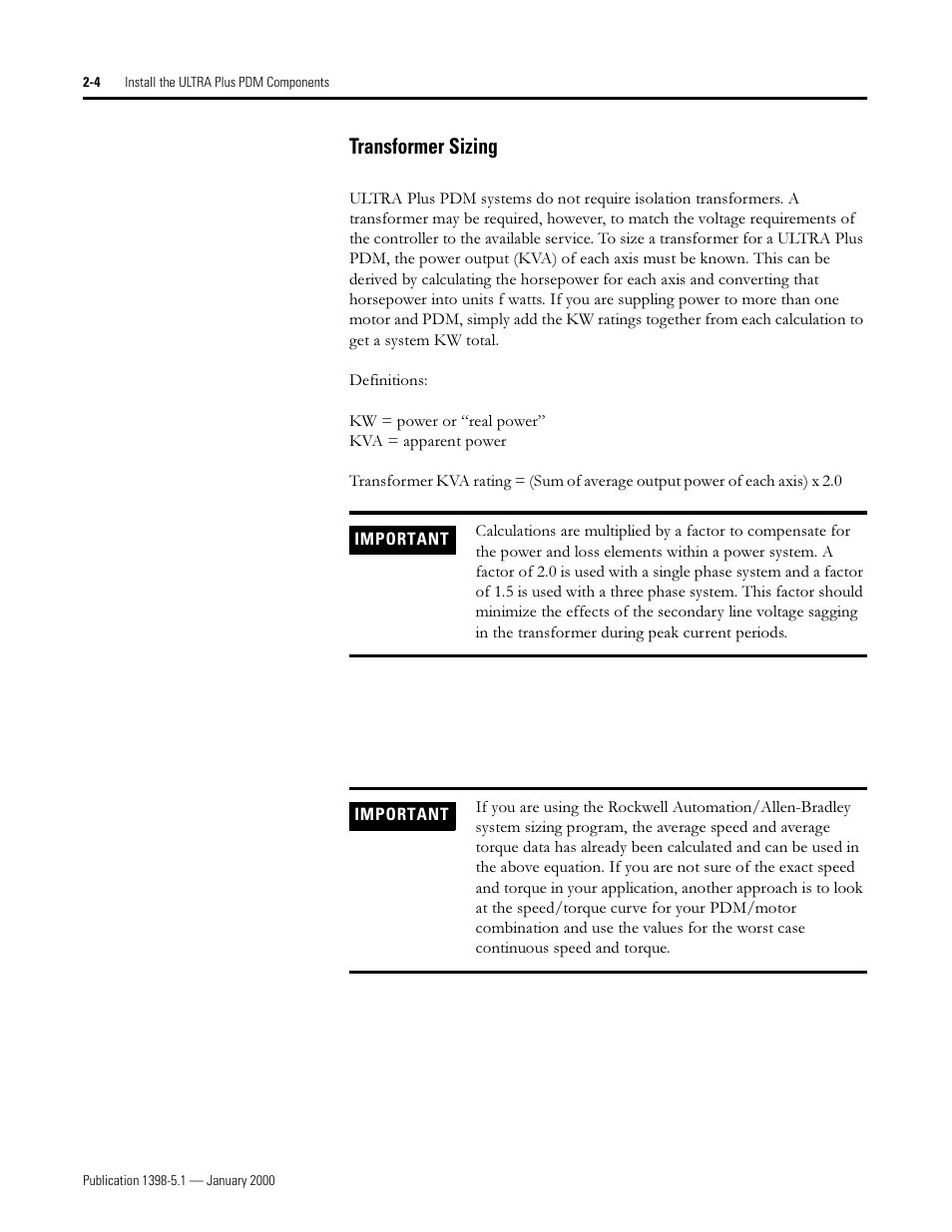 Transformer sizing, 7udqviruphu 6l]lqj | Rockwell Automation 1398-PDM-xxx ULTRA Plus Series Positioning Drive Module User Manual | Page 22 / 156