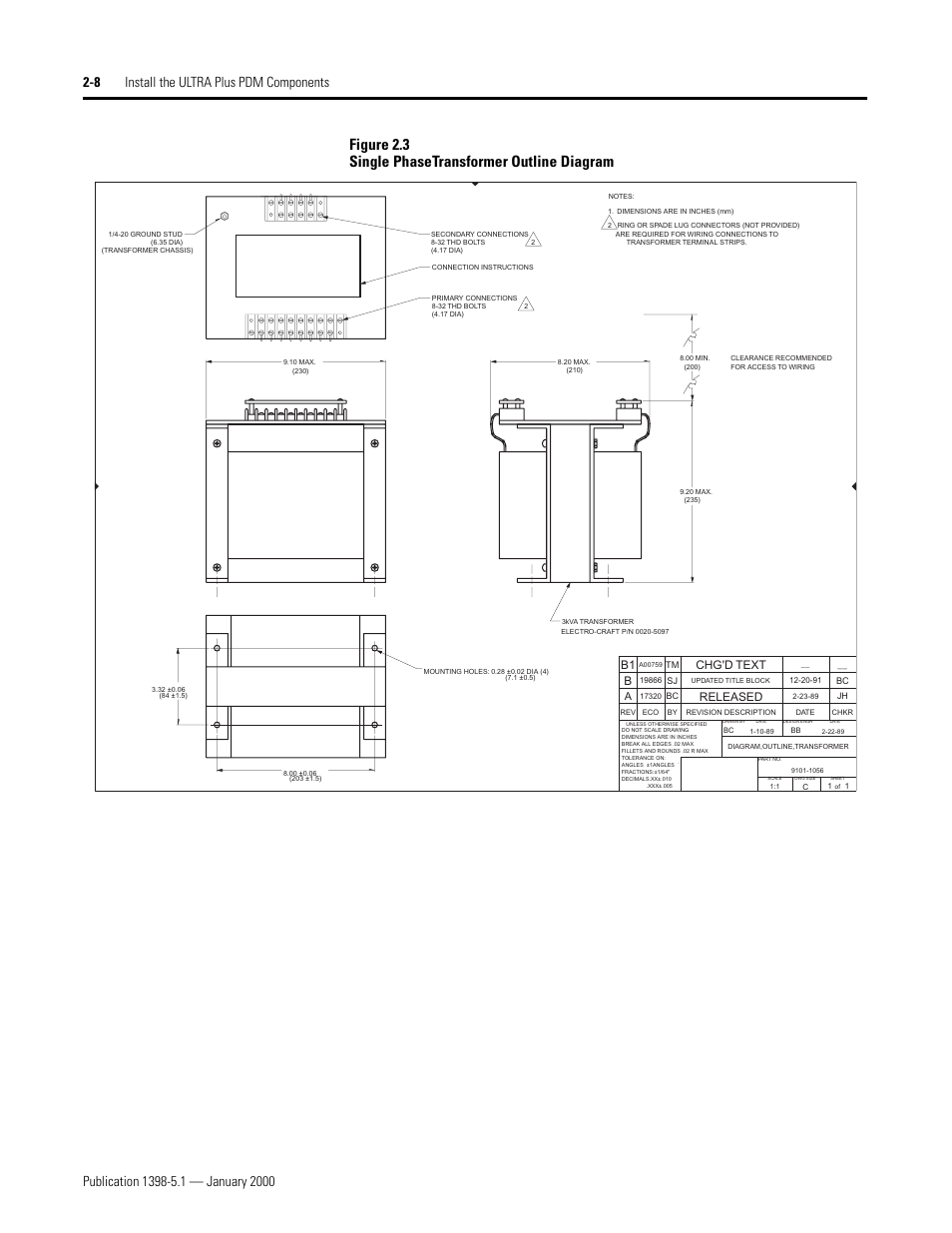 Figure 2.3 single phasetransformer outline diagram, B1 chg'd text, Released | Rockwell Automation 1398-PDM-xxx ULTRA Plus Series Positioning Drive Module User Manual | Page 26 / 156