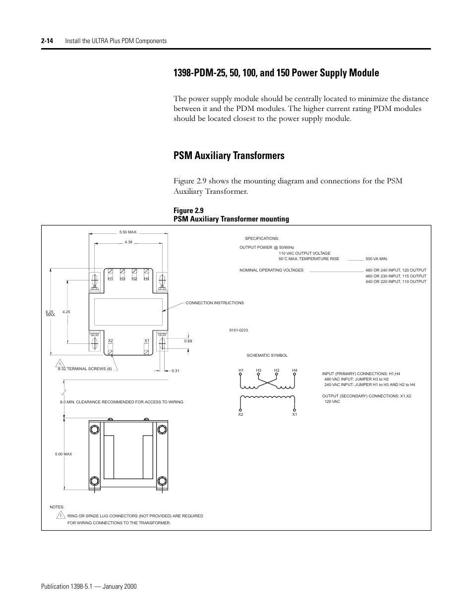 1398-pdm-25, 50, 100, and 150 power supply module, Psm auxiliary transformers, 3'0   dqg  3rzhu 6xsso\ 0rgxoh | 360 $x[loldu\ 7udqviruphuv, Figure 2.9 psm auxiliary transformer mounting | Rockwell Automation 1398-PDM-xxx ULTRA Plus Series Positioning Drive Module User Manual | Page 32 / 156