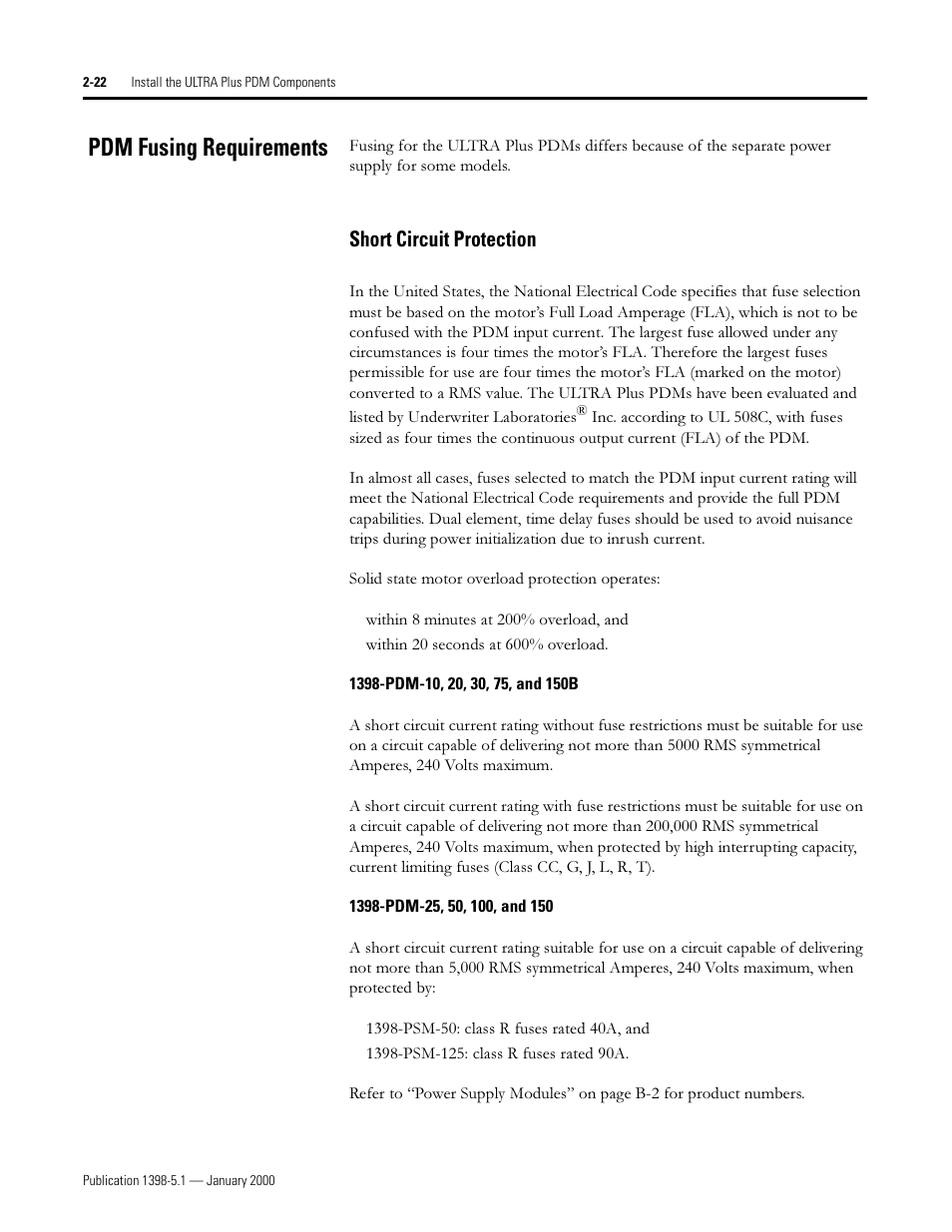 Pdm fusing requirements, Short circuit protection, 3'0 )xvlqj 5htxluhphqwv | 6kruw &lufxlw 3urwhfwlrq | Rockwell Automation 1398-PDM-xxx ULTRA Plus Series Positioning Drive Module User Manual | Page 40 / 156