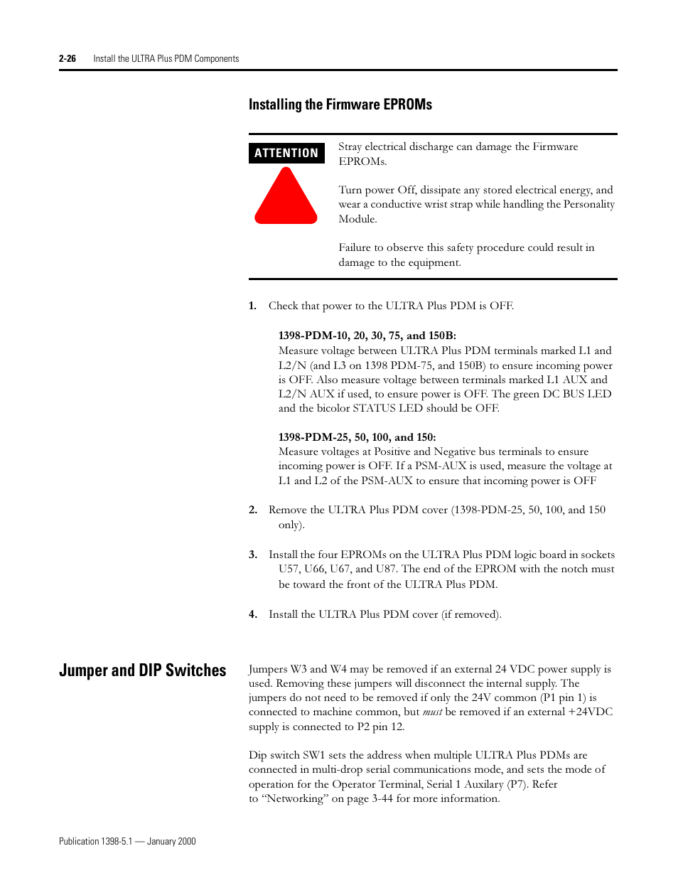 Installing the firmware eproms, Jumper and dip switches, Qvwdoolqj wkh )lupzduh (3520v | Xpshu dqg ',3 6zlwfkhv | Rockwell Automation 1398-PDM-xxx ULTRA Plus Series Positioning Drive Module User Manual | Page 44 / 156