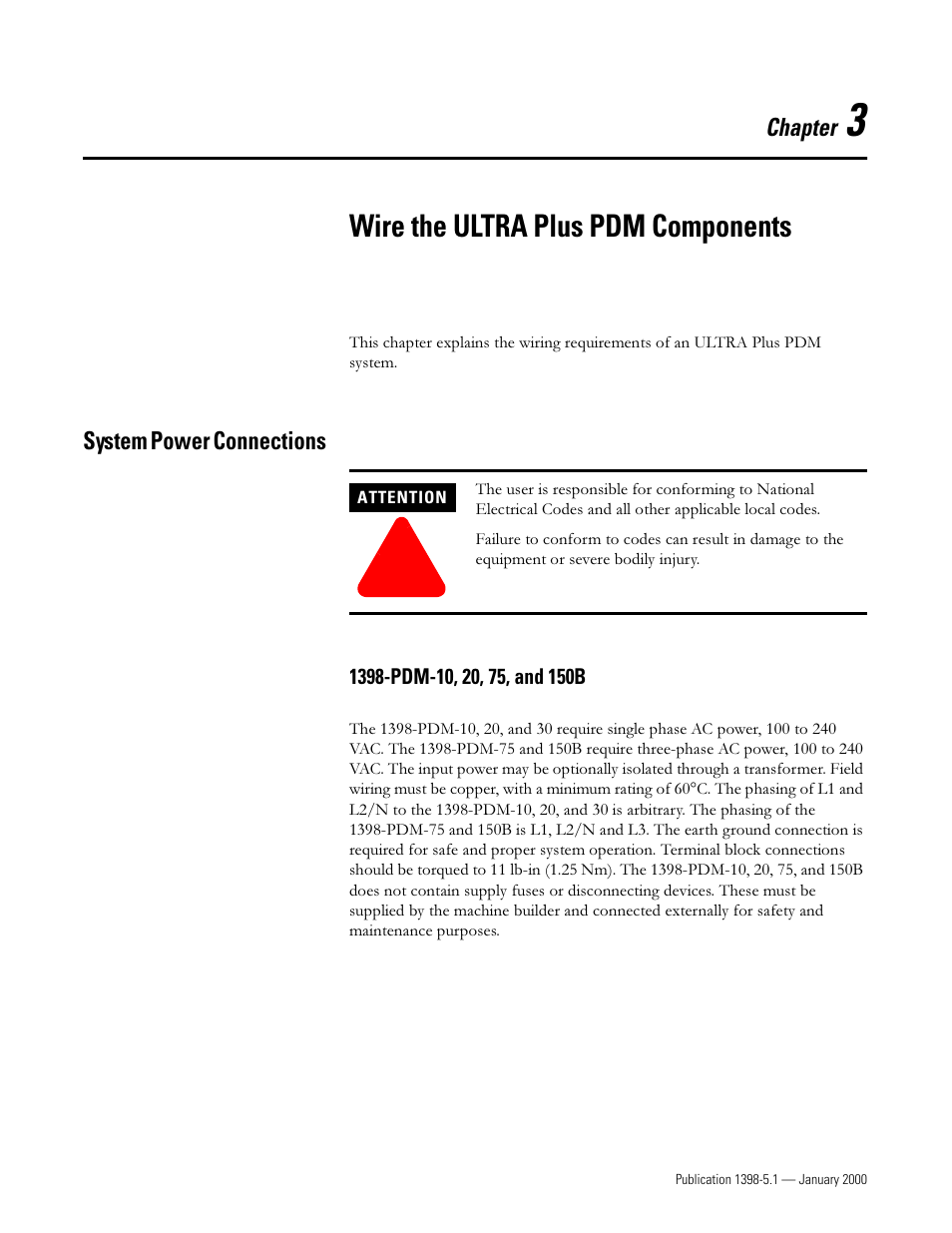 Wire the ultra plus pdm components, System power connections, 1398-pdm-10, 20, 75, and 150b | Chapter 3, 6\vwhp 3rzhu &rqqhfwlrqv, 3'0   dqg | Rockwell Automation 1398-PDM-xxx ULTRA Plus Series Positioning Drive Module User Manual | Page 65 / 156