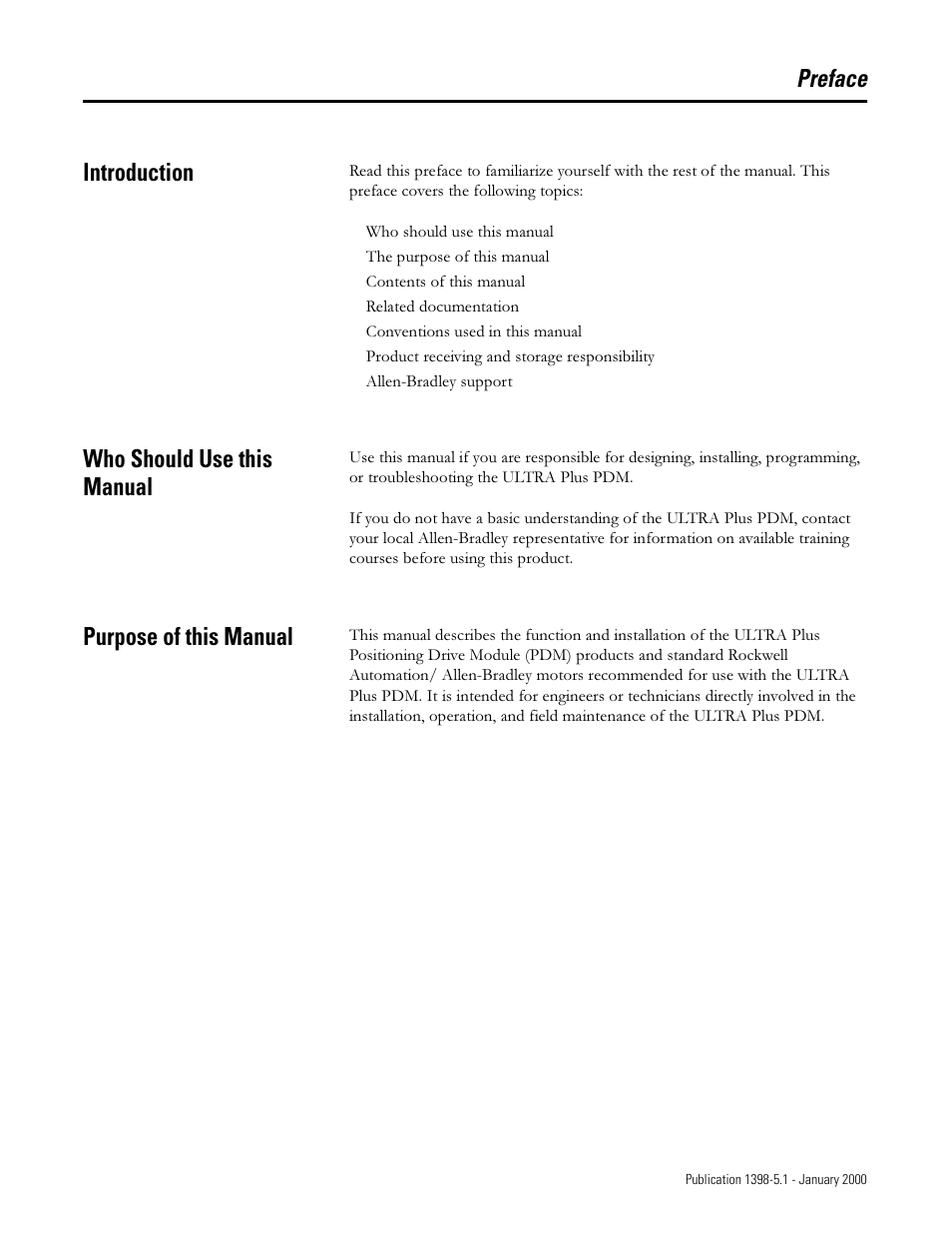 Introduction, Who should use this manual, Purpose of this manual | Preface introduction | Rockwell Automation 1398-PDM-xxx ULTRA Plus Series Positioning Drive Module User Manual | Page 7 / 156