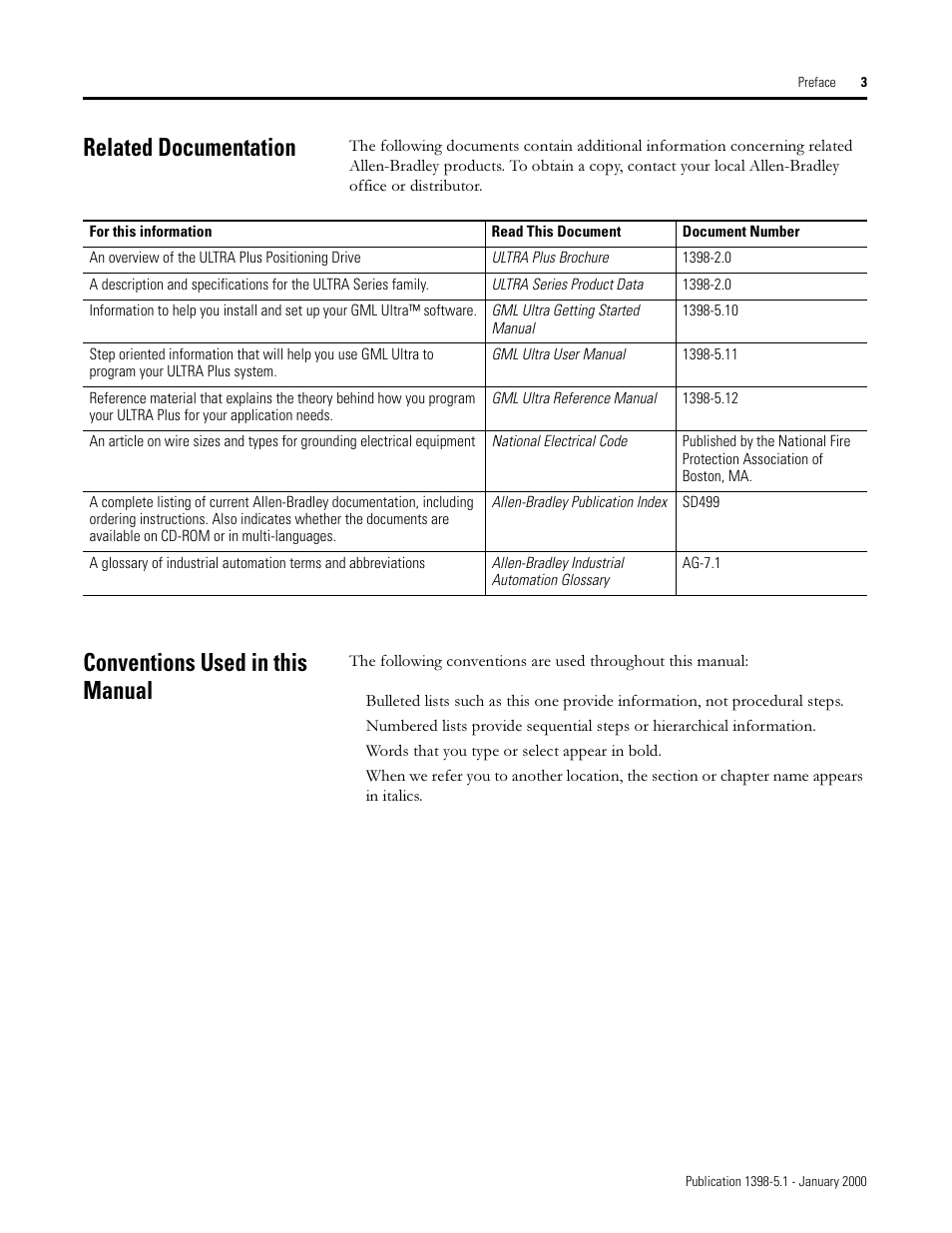 Related documentation, Conventions used in this manual | Rockwell Automation 1398-PDM-xxx ULTRA Plus Series Positioning Drive Module User Manual | Page 9 / 156