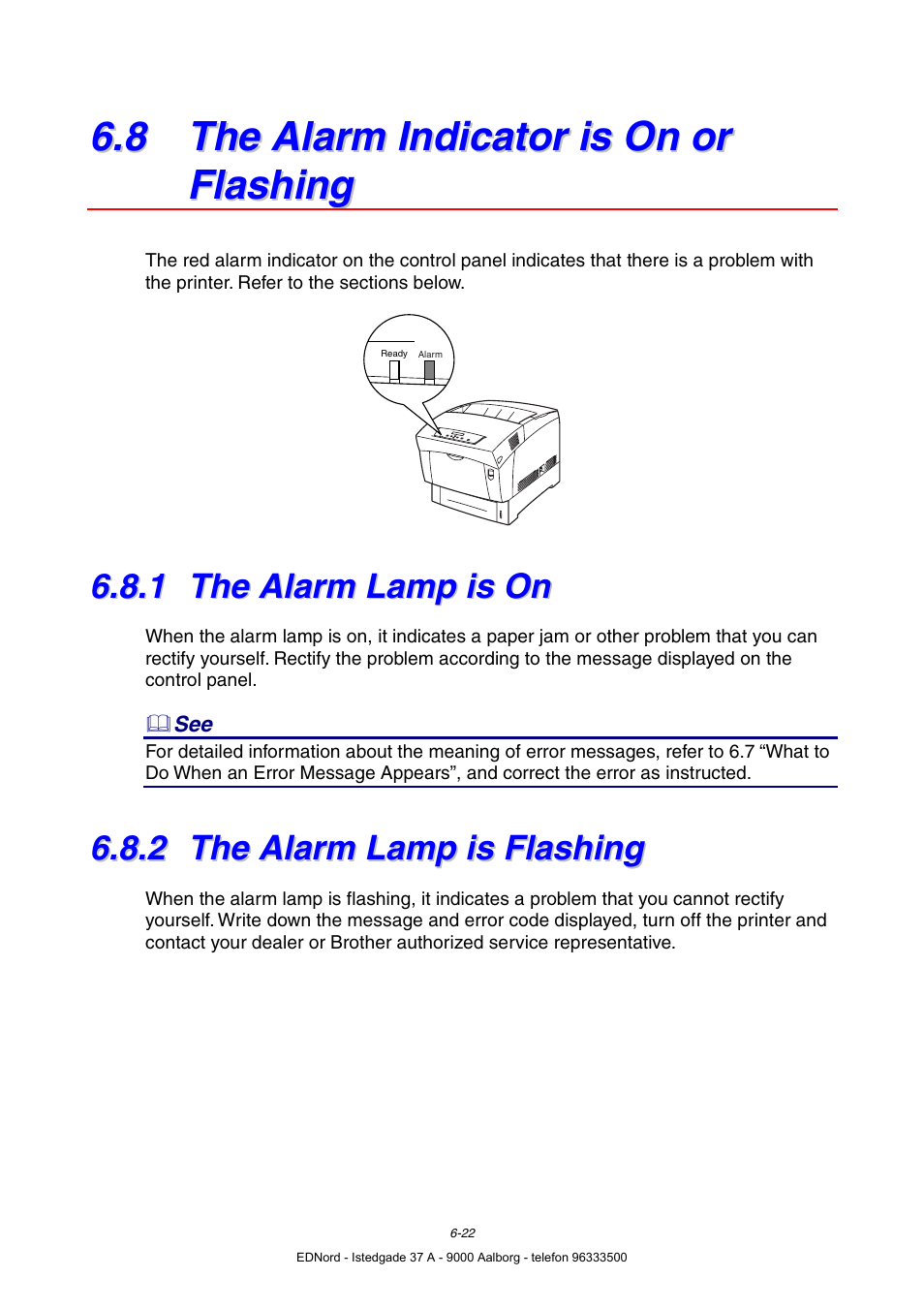 8 the alarm indicator is on or flashing, 1 the alarm lamp is on, 2 the alarm lamp is flashing | The alarm lamp is on, The alarm lamp is flashing | Brother HL-4000CN User Manual | Page 130 / 183