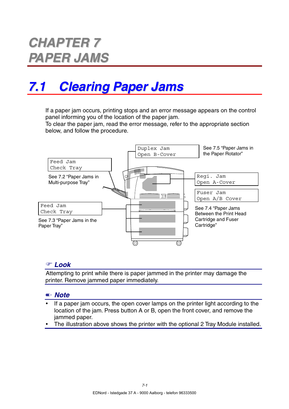 Chapter 7 paper jams, 1 clearing paper jams | Brother HL-4000CN User Manual | Page 135 / 183