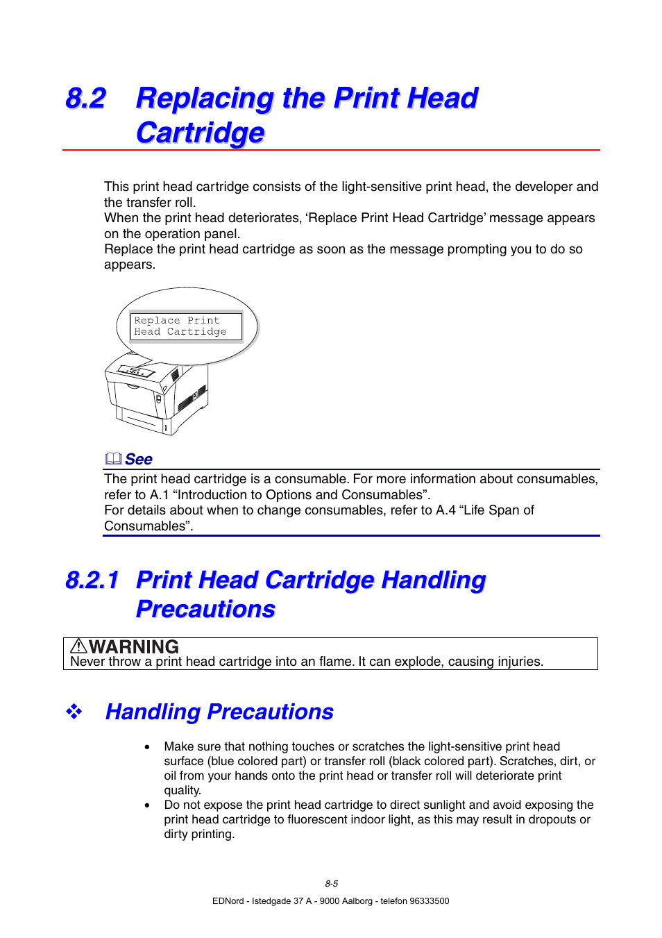 2 replacing the print head cartridge, 1 print head cartridge handling precautions, Handling precautions | Print head cartridge handling precautions | Brother HL-4000CN User Manual | Page 151 / 183