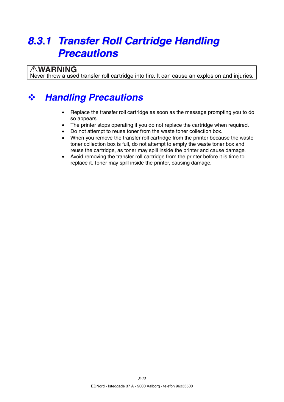 1 transfer roll cartridge handling precautions, Handling precautions, Transfer roll cartridge handling precautions | Brother HL-4000CN User Manual | Page 158 / 183