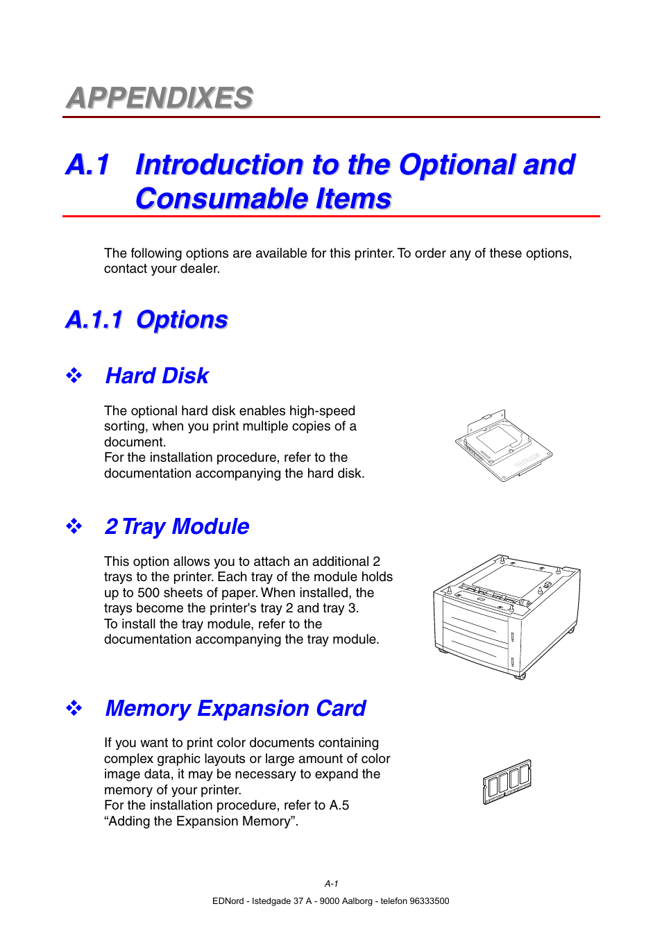 Appendixes, A.1.1 options, Hard disk | 2 tray module, Memory expansion card, A.1.1, Options | Brother HL-4000CN User Manual | Page 172 / 183