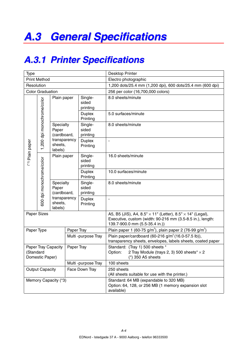 A.3 general specifications, A.3.1 printer specifications, A.3.1 | Printer specifications | Brother HL-4000CN User Manual | Page 175 / 183