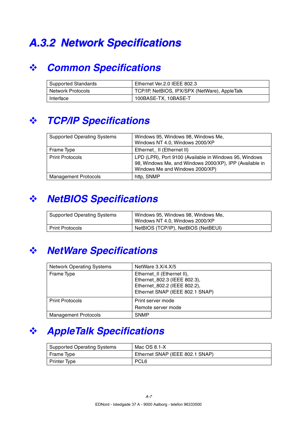 A.3.2 network specifications, Common specifications, Tcp/ip specifications | Netbios specifications, Netware specifications, Appletalk specifications, A.3.2, Network specifications | Brother HL-4000CN User Manual | Page 178 / 183