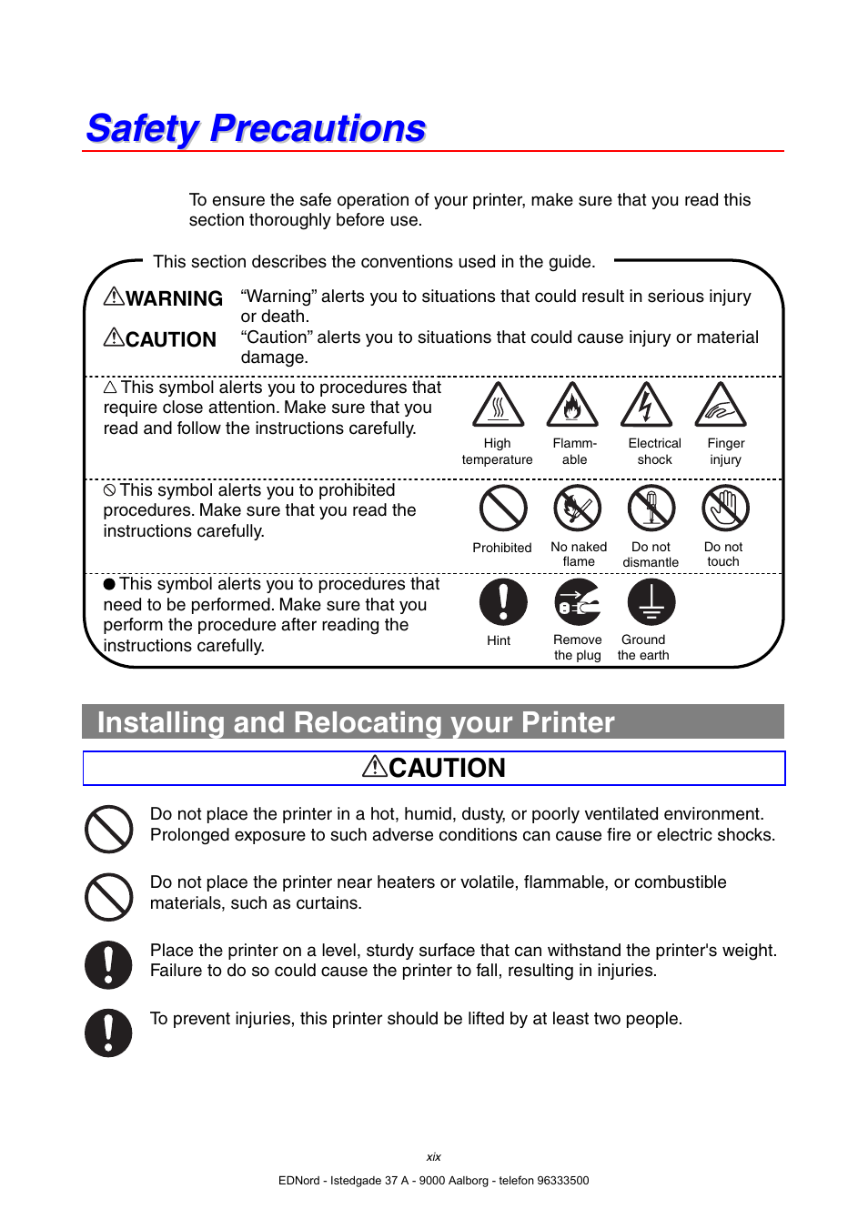 Safety precautions, Installing and relocating your printer | Brother HL-4000CN User Manual | Page 19 / 183