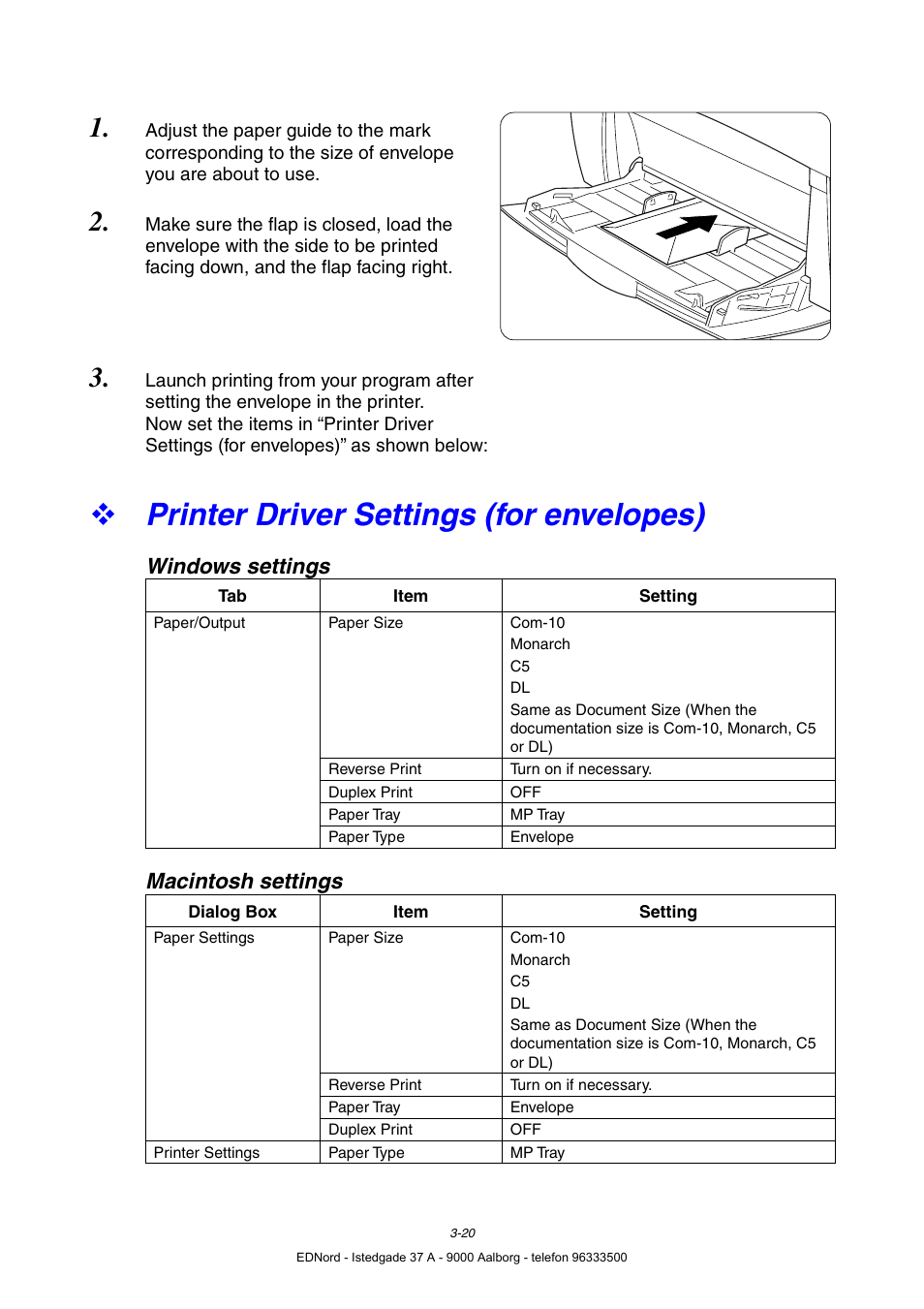 Printer driver settings (for envelopes), Windows settings, Macintosh settings | Brother HL-4000CN User Manual | Page 62 / 183