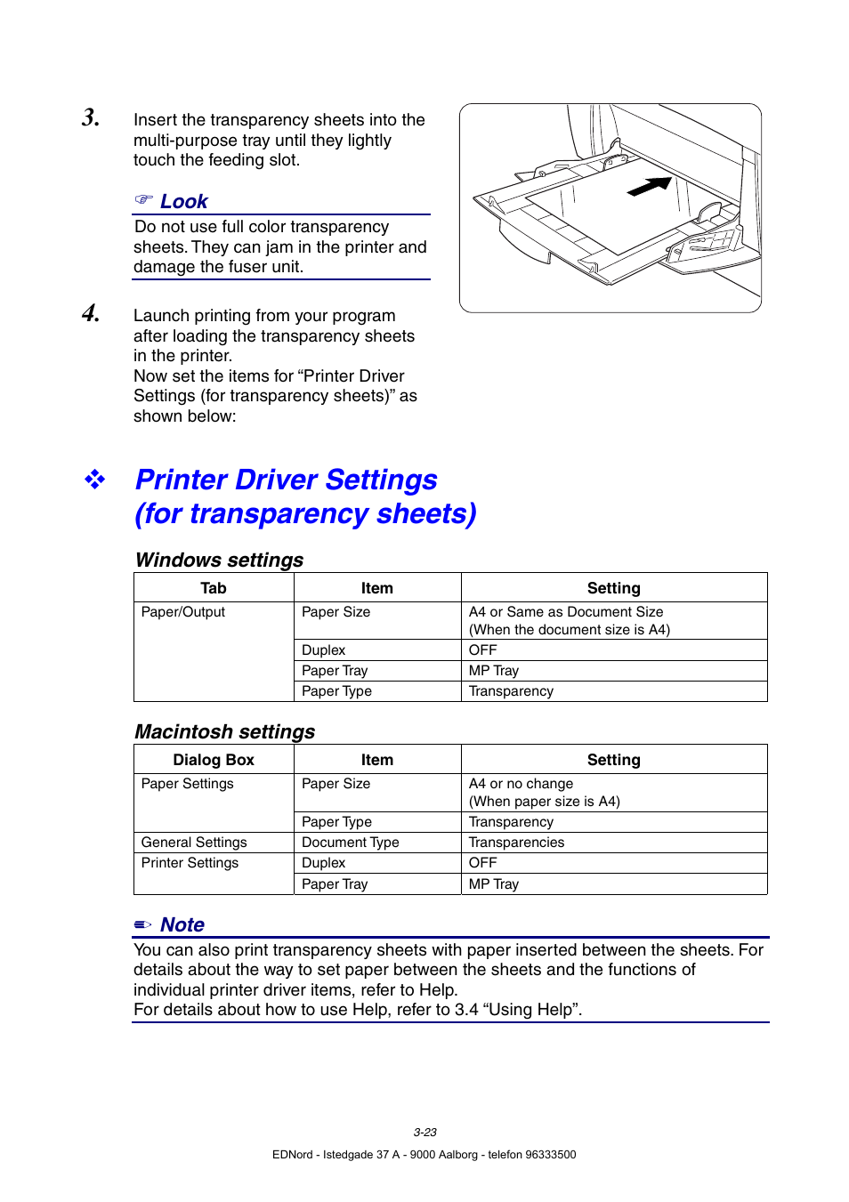 Printer driver settings (for transparency sheets), Look, Windows settings | Macintosh settings | Brother HL-4000CN User Manual | Page 65 / 183