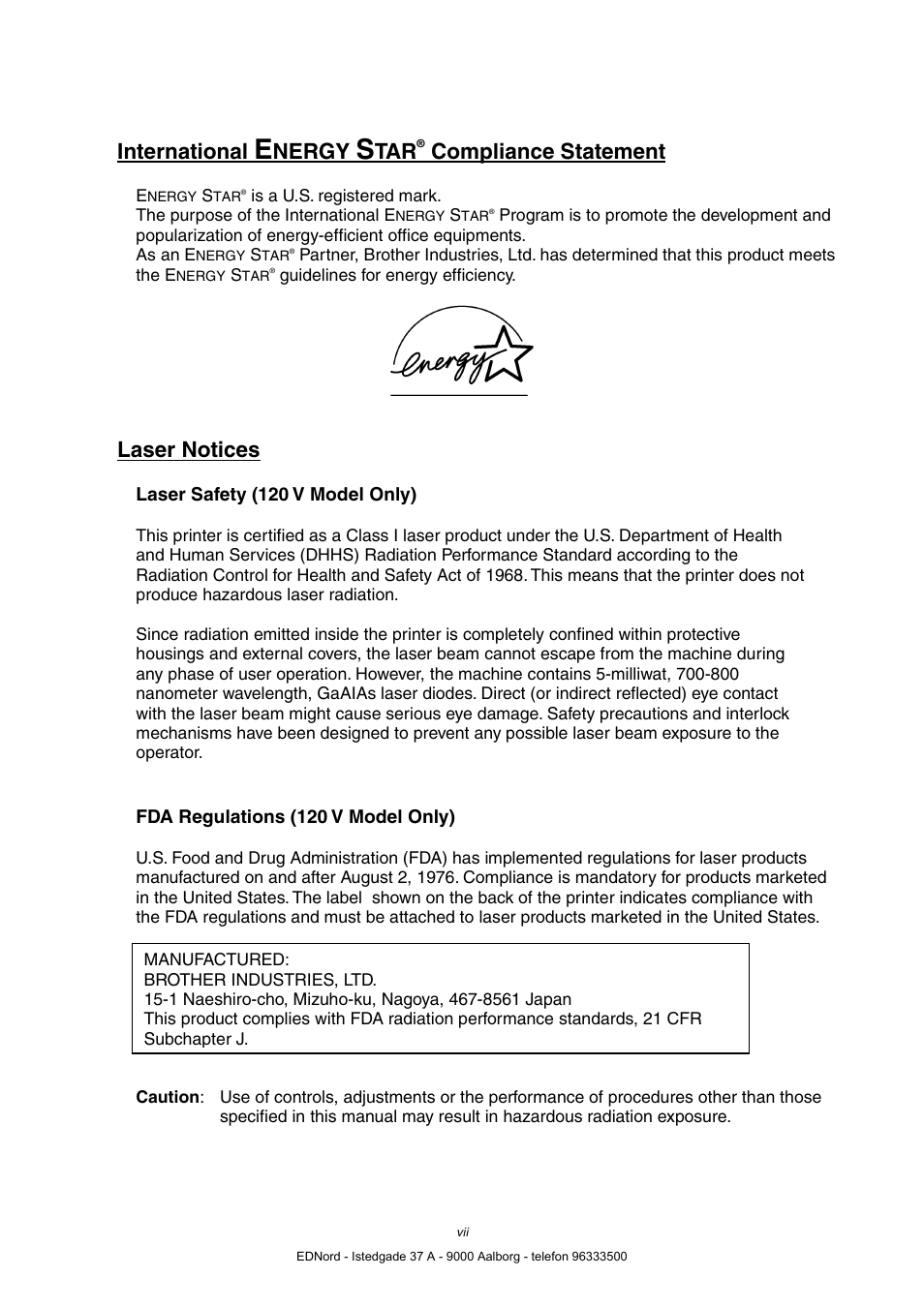 International, Nergy, Compliance statement | Laser notices | Brother HL-4000CN User Manual | Page 7 / 183