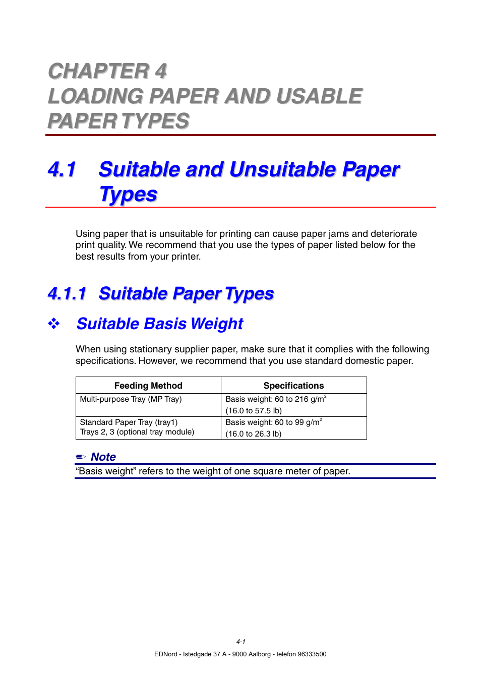 Chapter 4 loading paper and usable paper types, 1 suitable and unsuitable paper types, 1 suitable paper types | Suitable basis weight, Suitable paper types | Brother HL-4000CN User Manual | Page 72 / 183