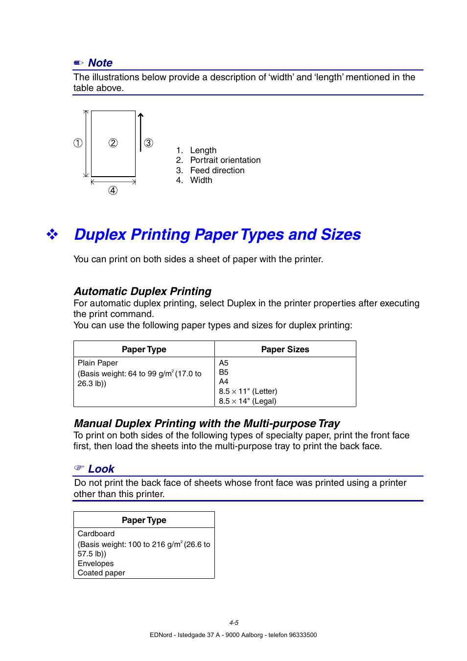 Duplex printing paper types and sizes, Automatic duplex printing, Manual duplex printing with the multi-purpose tray | Look | Brother HL-4000CN User Manual | Page 76 / 183