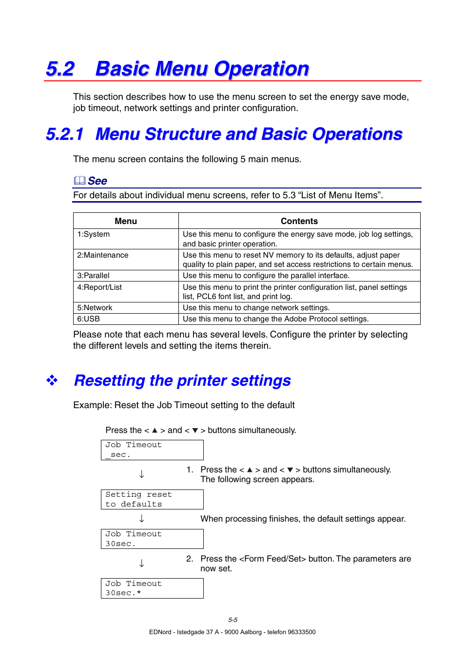 2 basic menu operation, 1 menu structure and basic operations, Resetting the printer settings | Menu structure and basic operations | Brother HL-4000CN User Manual | Page 96 / 183