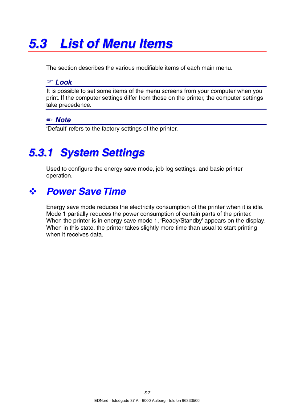 3 list of menu items, 1 system settings, Power save time | System settings | Brother HL-4000CN User Manual | Page 98 / 183