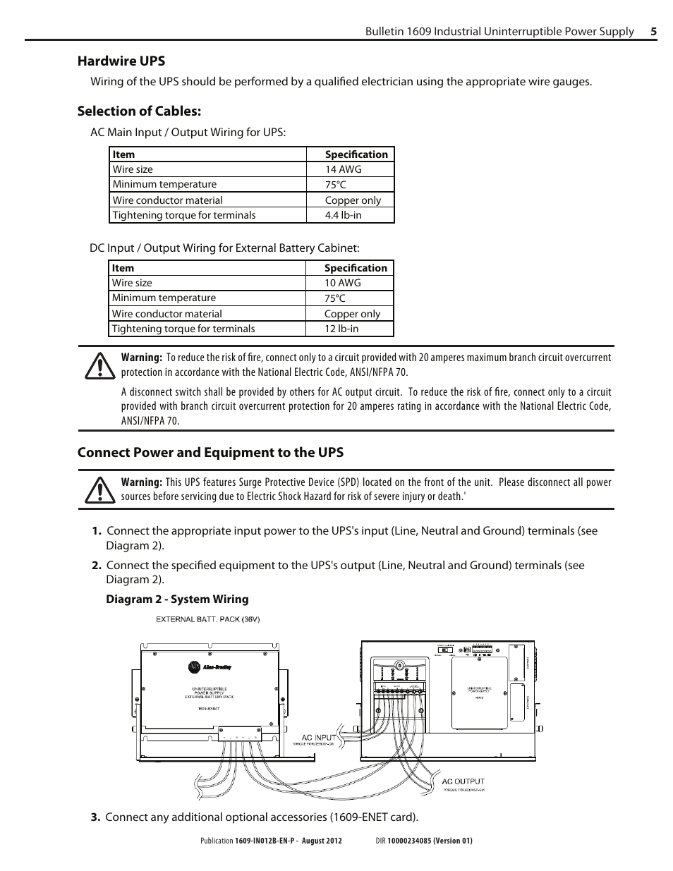 Hardwire ups, Selection of cables, Connect power and equipment to the ups | Rockwell Automation 1609 Industrial Uninterruptible Power Supply - Series D User Manual | Page 5 / 8