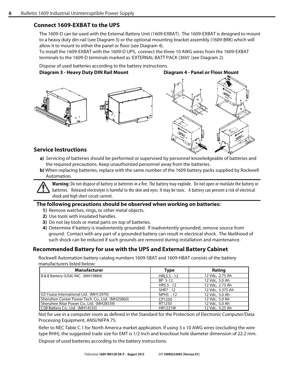 Connect 1609-exbat to the ups, Service instructions | Rockwell Automation 1609 Industrial Uninterruptible Power Supply - Series D User Manual | Page 6 / 8
